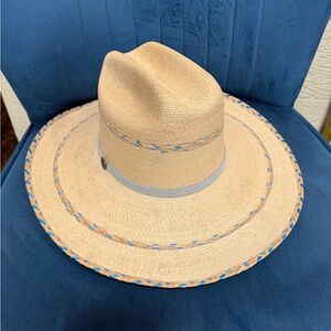 Alamo Hats Structured Wide Brim Straw Dress Hat Blue Woven Trim 7.5 x 6